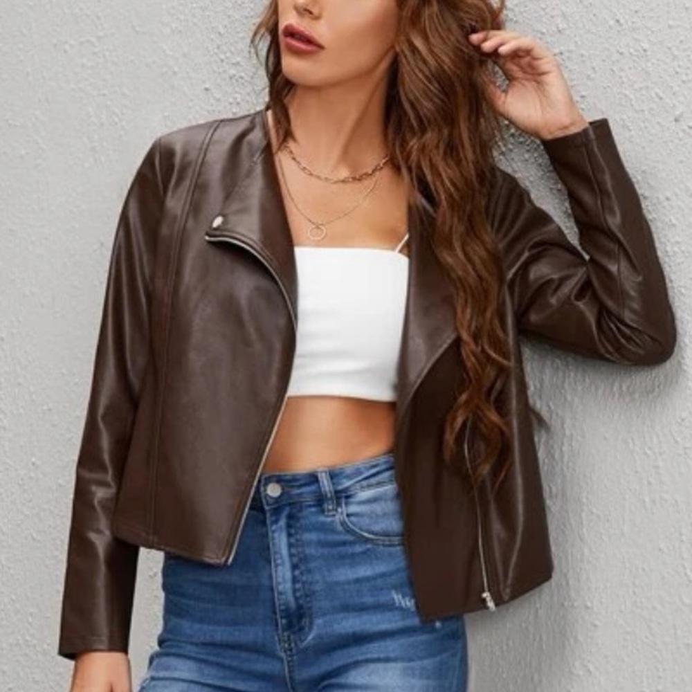 Chocolate Brown “Leather-Like” Jacket- WORN ONCE